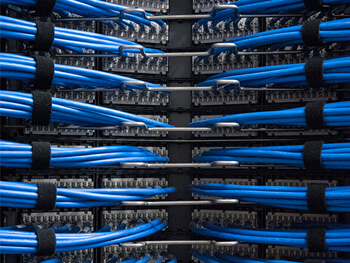 Close up view of blue wires connecting electrical equipment